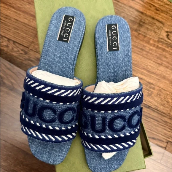 Gucci Denim Blue Embroidered Slide Sandals - Picture 1 of 5